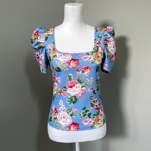 🛍️ SALE 🛍️ PUFF SLEEVE SQUARE FLORAL BLOUSE LIGHT BLUE